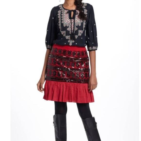 Anthropologie Moulinette Soeurs Red and Black Sequined Ruffle Suelta Skirt Sz 6 - Picture 1 of 9